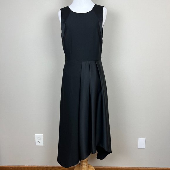 Banana Republic Dress Womens 4 Black Satin Trim Midi Asymmetrical A-line Pleated - Picture 1 of 12